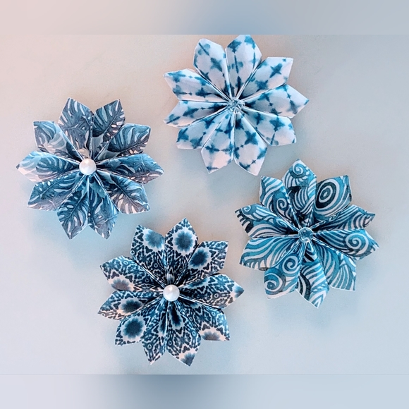 Blue Hand Folded Paper Flower Lapel in peacock-esque paper design - Picture 4 of 7